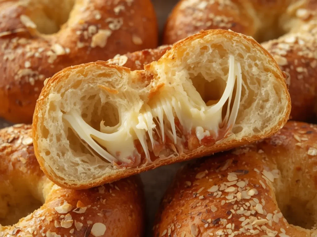 Keto Fathead Bagels: Golden keto fathead bagels with a chewy interior and melted cheese pull on a baking sheet.