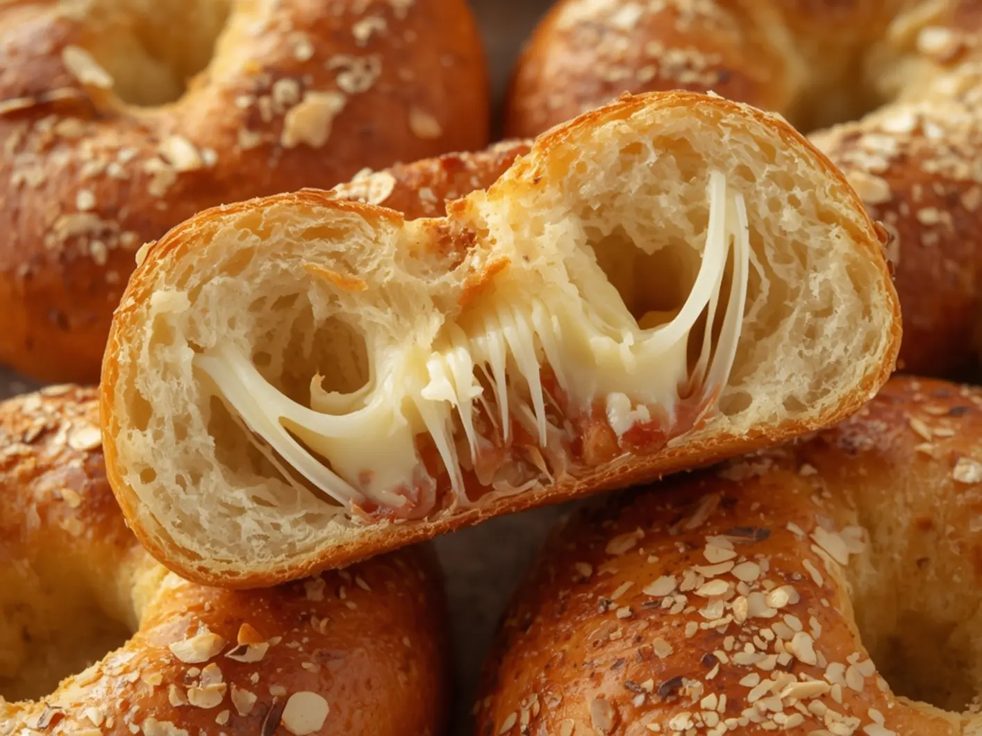 Ultimate Keto Fathead Bagels Golden Crust Recipe 7 Keto Fathead Bagels: Golden keto fathead bagels with a chewy interior and melted cheese pull on a baking sheet.