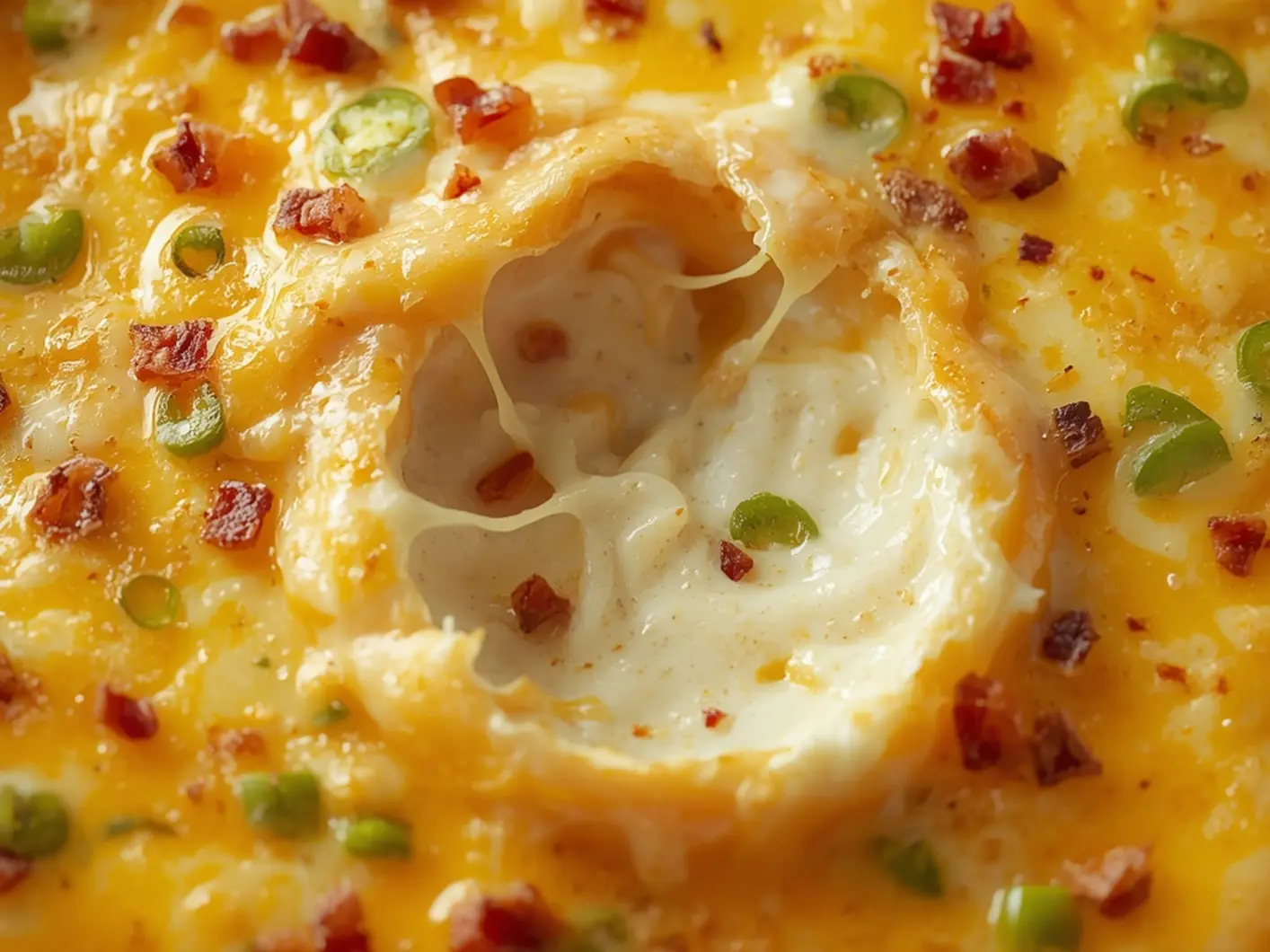 Golden Keto Jalapeno Popper Dip - Creamy Party Favorite 4 Keto Jalapeno Popper Dip: Bubbly golden keto jalapeno popper dip in a ceramic dish with a cheesy stretch pull, topped with crispy bacon.
