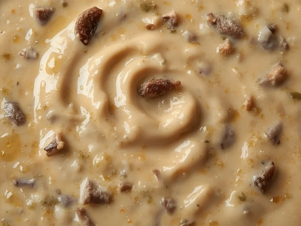 Keto Mushroom Soup: Creamy keto mushroom soup in a rustic bowl with a velvety smooth texture and visible mushroom pieces, perfect low carb comfort food.