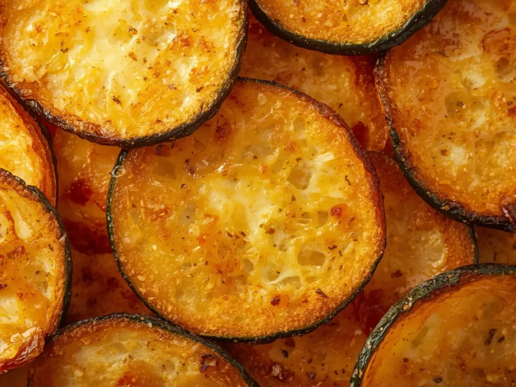 Keto Parmesan Zucchini Chips: Crispy golden keto parmesan zucchini chips on a baking sheet with melted cheese and garlic seasoning.