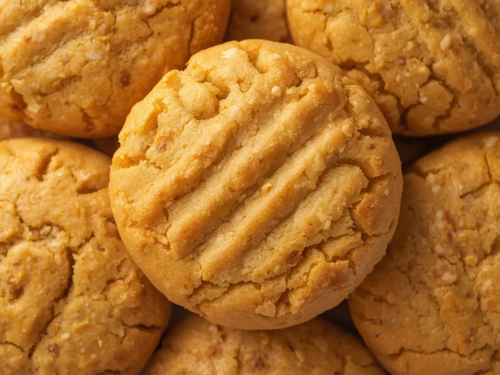 Keto Peanut Butter Cookies 3 Ingredients: Close up of golden baked keto peanut butter cookies with criss-cross pattern on a baking sheet.