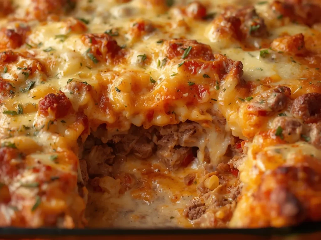 Keto Philly Cheesesteak Casserole: Keto Philly Cheesesteak Casserole with golden melted cheese and colorful peppers in a white baking dish.