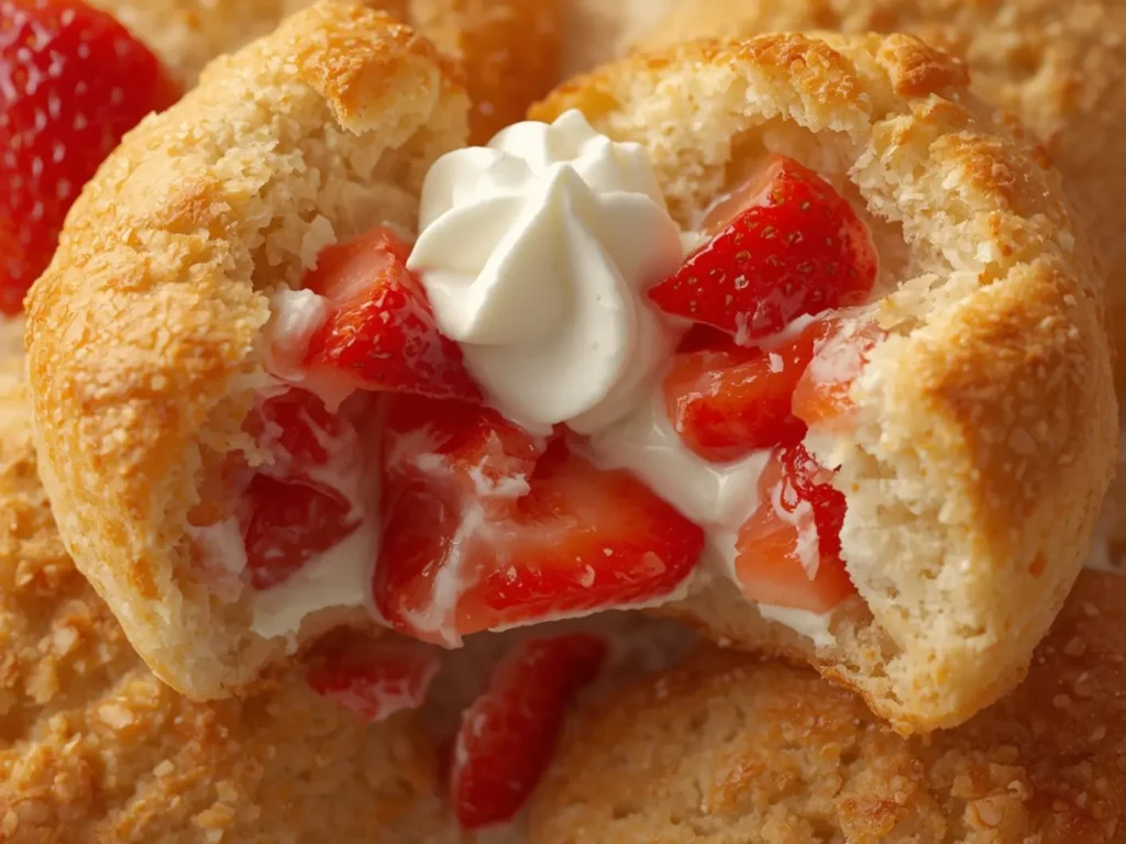 Keto Strawberry Shortcake: Keto strawberry shortcake with golden biscuits, fresh red strawberries, and fluffy whipped cream layers