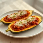 Keto Zucchini Boat Casserole: Golden baked zucchini boats filled with meat sauce and melted cheese, close-up.