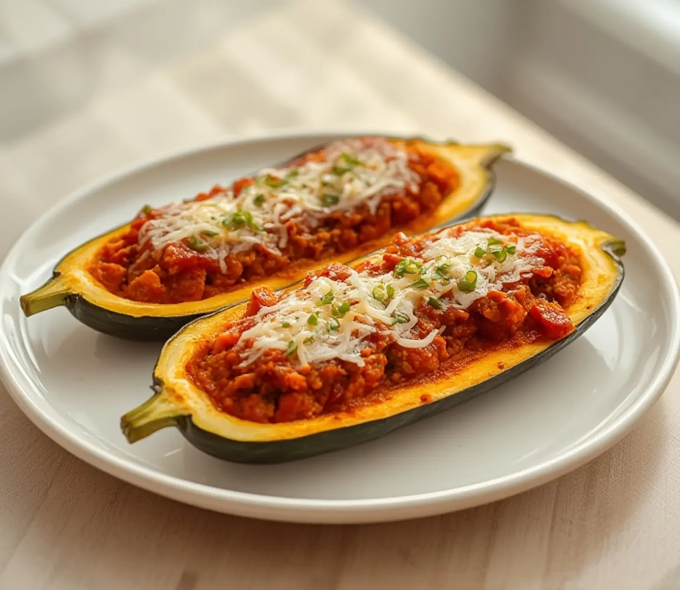 Juicy Keto Zucchini Boat Casserole - Perfect Weeknight Dinner 4 Keto Zucchini Boat Casserole: Golden baked zucchini boats filled with meat sauce and melted cheese, close-up.