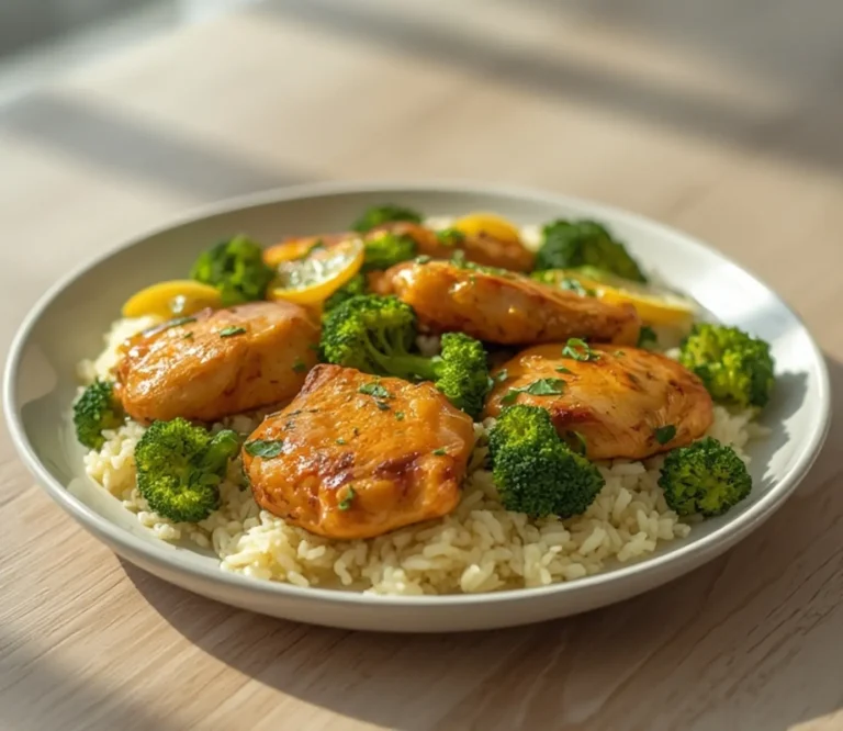 Home 13 Lemon Garlic Chicken Bowl: Juicy lemon garlic chicken bowl with golden chicken, rice, and broccoli in a skillet.