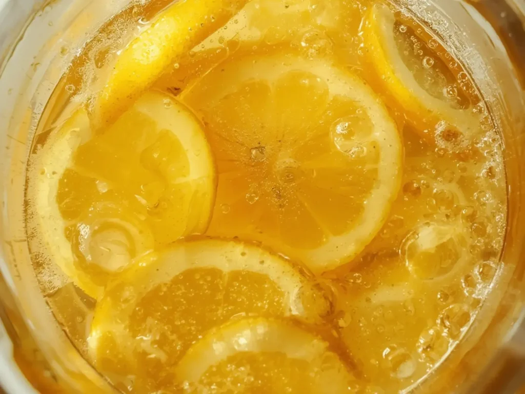 Lemon Ginger Detox Water: Close-up of Lemon Ginger Detox Water in a glass pitcher with lemon slices and ginger pieces.