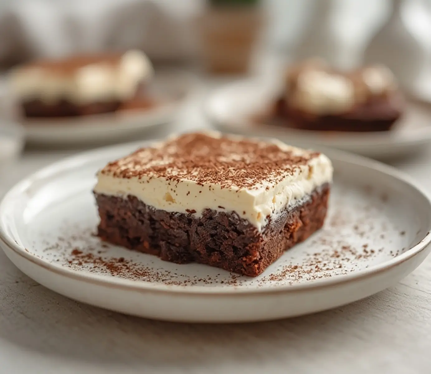 Ultimate Low Carb Ice Cream Brownie Delight 4 Low Carb Ice Cream Brownie: Fudgy low carb brownie base topped with creamy white ice cream layer, chocolate specks visible.