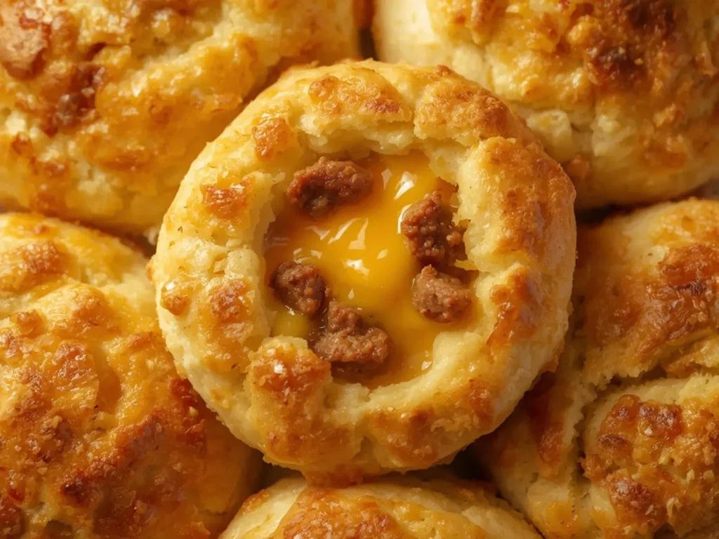 Low Carb Sausage Cheese Breakfast Biscuits: Golden low carb sausage cheese breakfast biscuits with melted cheese and sausage crumbles on a baking sheet.