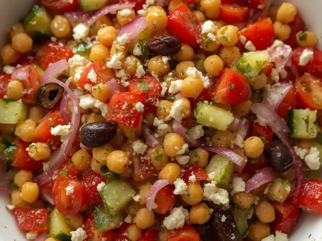 Mediterranean Chickpea Salad: Close up of Mediterranean chickpea salad with fresh vegetables and feta cheese in a bowl