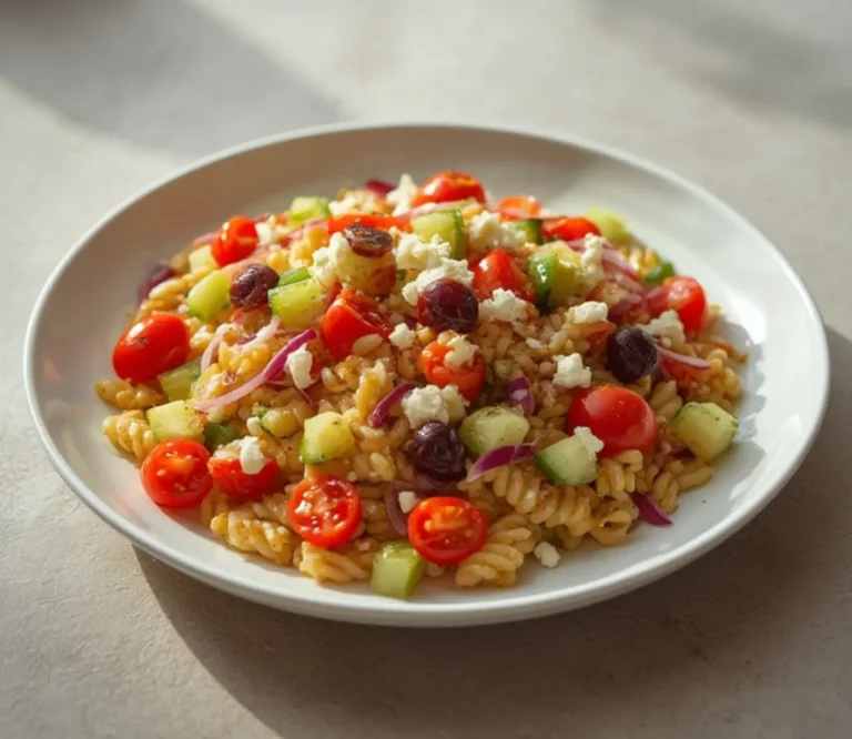 Home 8 Mediterranean Orzo Salad: Vibrant Mediterranean Orzo Salad with orzo, tomatoes, cucumber, olives, and feta in a bowl.