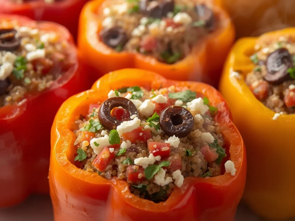 Mediterranean Stuffed Peppers with Quinoa: Roasted colorful bell peppers stuffed with Mediterranean quinoa, feta, and olives