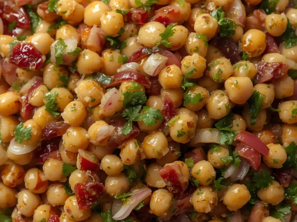 Mediterranean Three Bean Salad: Vibrant Mediterranean three bean salad with chickpeas, kidney beans, and cannellini beans in a zesty dressing.
