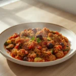 Mediterranean Turkey Skillet: Sizzling Mediterranean Turkey Skillet with juicy turkey, zucchini, and olives in a tomato sauce.