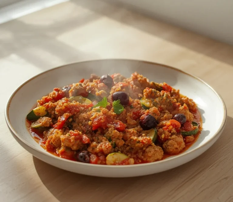 Home 11 Mediterranean Turkey Skillet: Sizzling Mediterranean Turkey Skillet with juicy turkey, zucchini, and olives in a tomato sauce.