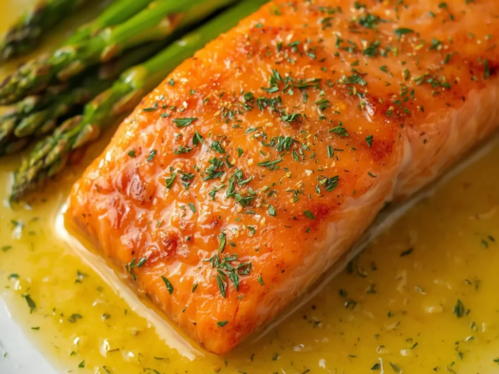 One Pan Lemon Butter Salmon Asparagus: Juicy golden baked salmon fillets with tender green asparagus spears on a baking sheet, coated in lemon butter sauce.