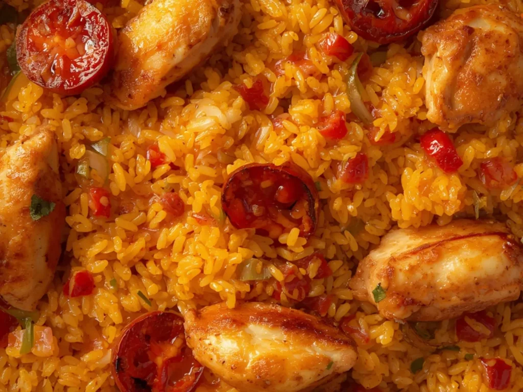 One Pan Spanish Chicken Rice with Chorizo: One pan Spanish chicken rice with chorizo in a skillet, featuring golden chicken thighs, spicy sausage, and fluffy rice with peppers.