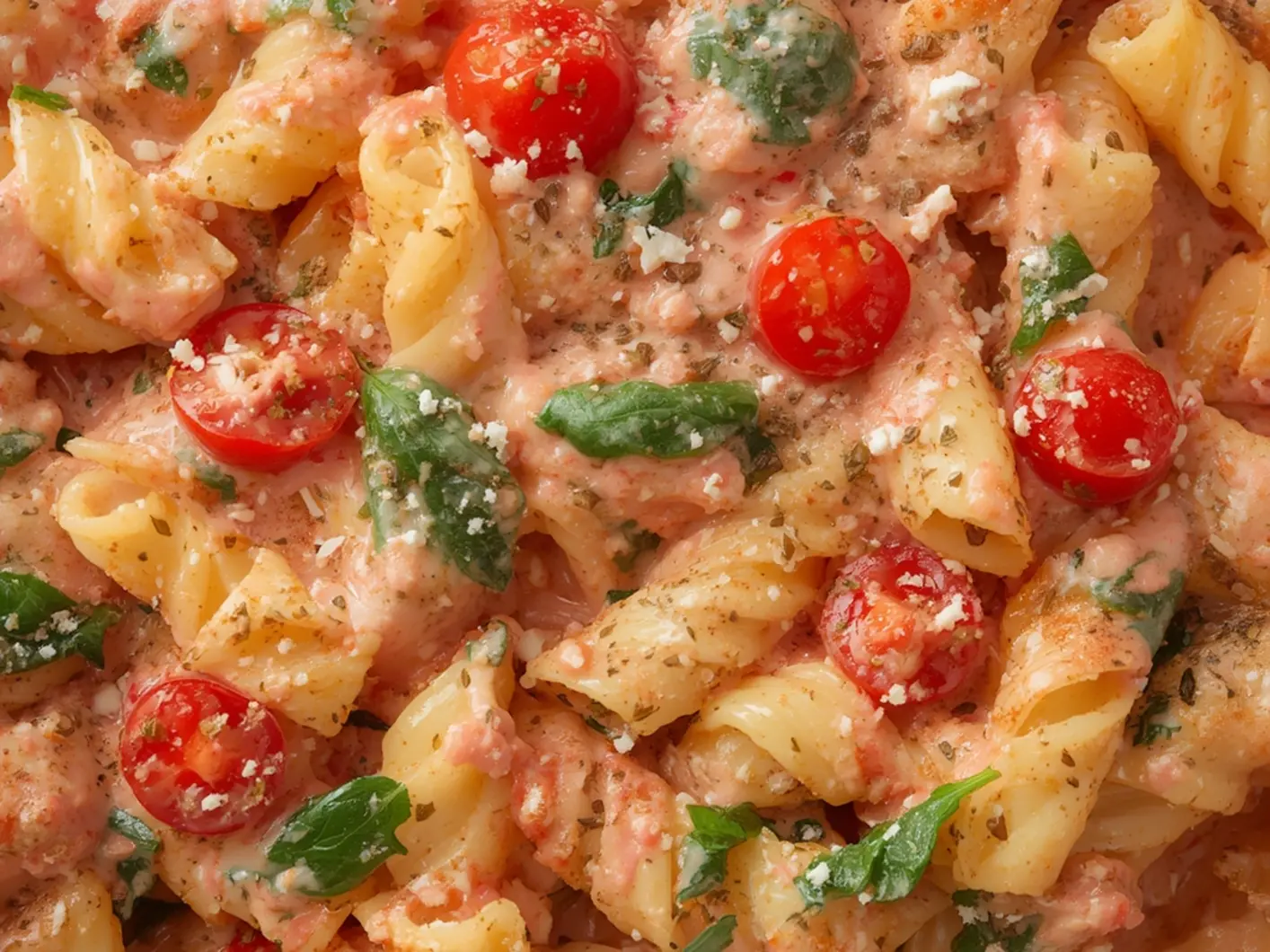 Ultimate One Pot Greek Pasta with Feta in 20 Minutes 8 One Pot Greek Pasta with Feta: One Pot Greek Pasta with Feta in a white pot featuring creamy melted cheese, red tomatoes, and wilted green spinach.