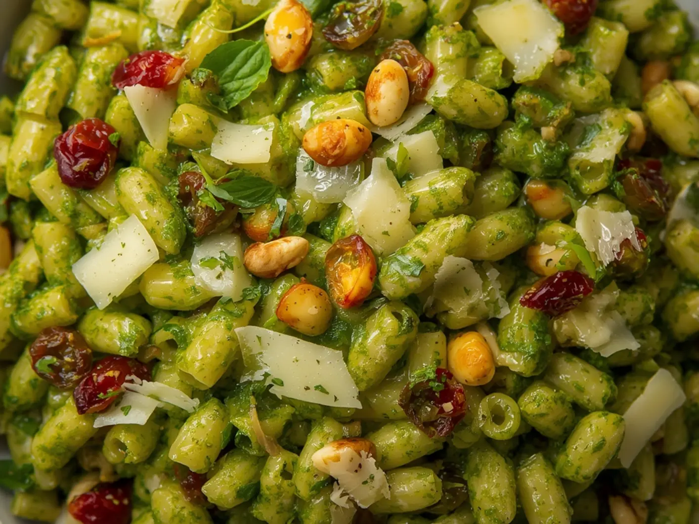 Ultimate Pesto Orzo Salad with Sun Dried Tomatoes 5 Pesto Orzo Salad with Sun Dried Tomatoes: Close up of a bowl of pesto orzo salad with sun dried tomatoes, pine nuts, and parmesan cheese showing the glossy texture.