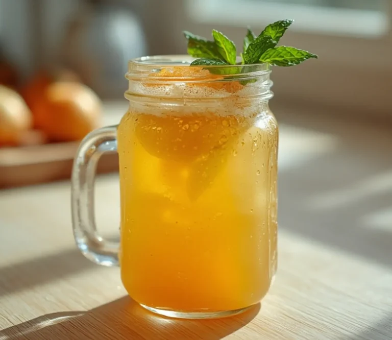 Pineapple Skin Tea: A tall glass of golden pineapple skin tea with ice cubes and a lemon wedge garnish, set against a bright background.