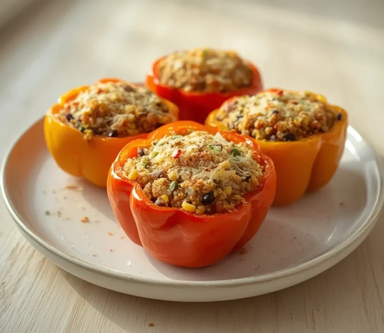 Quinoa Stuffed Peppers: Juicy baked bell peppers stuffed with fluffy quinoa, black beans, and corn, topped with melted cheese.