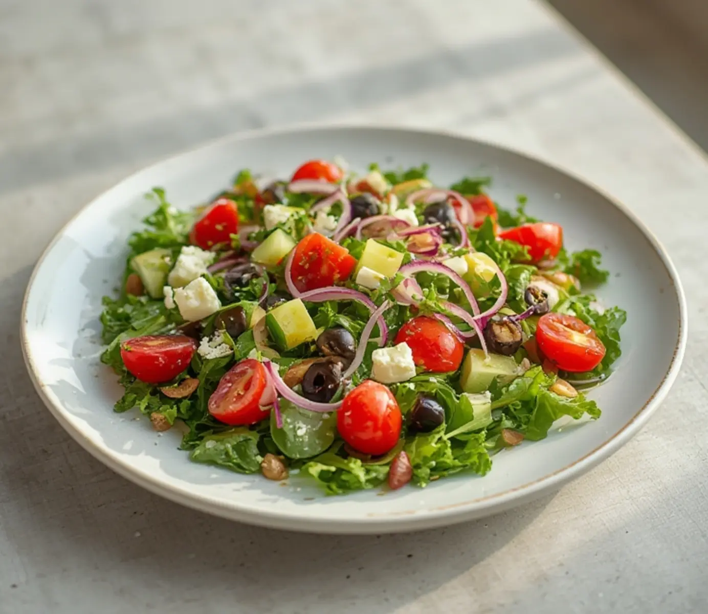 Zesty Raneem Salad: Fresh Mediterranean Diet Salads Recipe 4 Raneem Salad: Fresh Raneem Salad with mixed greens, tomatoes, cucumber, feta, and olives in a bowl.