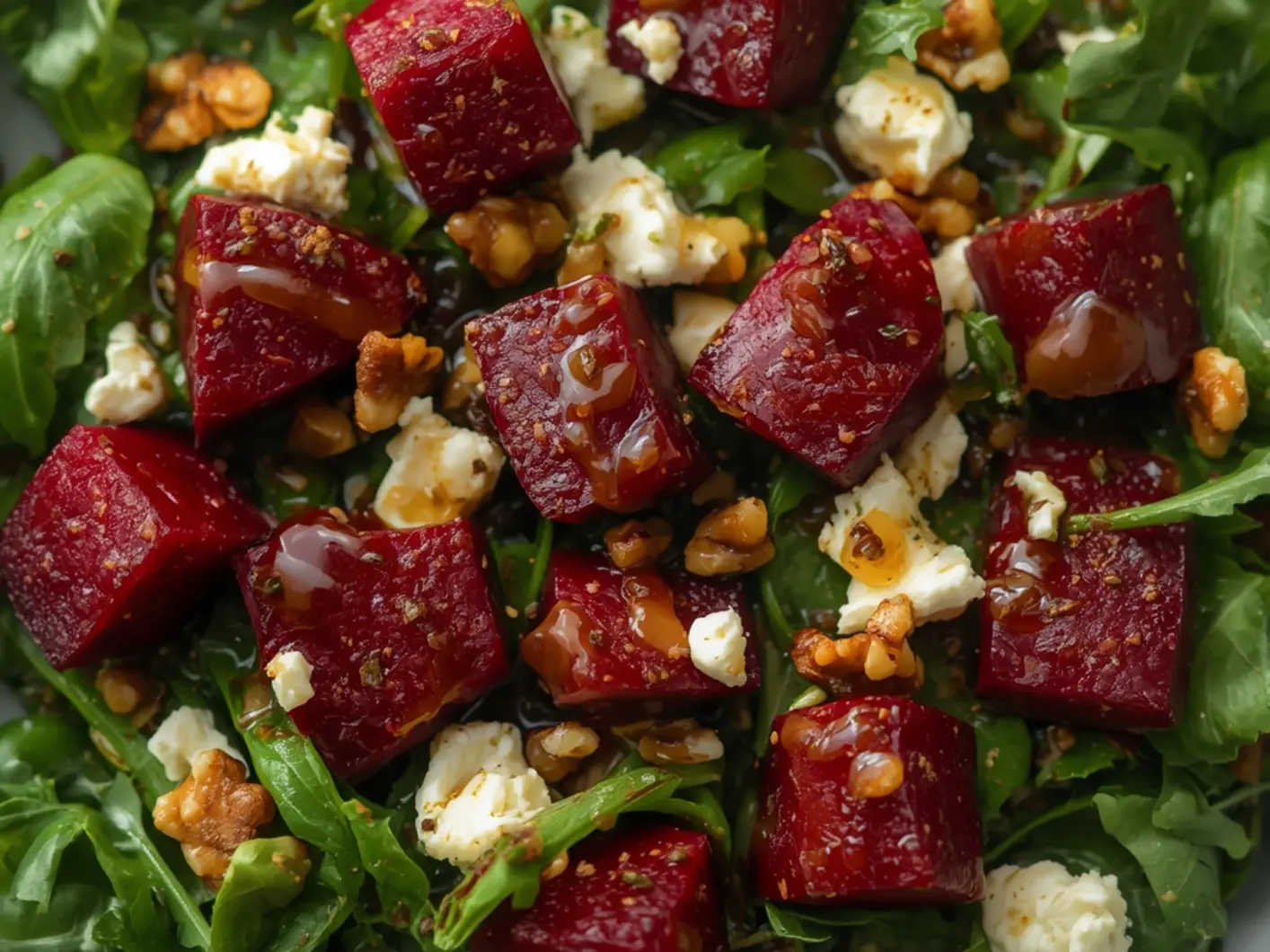 Ultimate Roasted Beet Goat Cheese Salad Recipe 6 Roasted Beet Goat Cheese Salad: Close up of a roasted beet goat cheese salad with crumbled cheese and walnuts on a bed of greens.