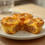 Sausage Egg Muffins: Close up of golden sausage egg muffins in a tin with melted cheese and fluffy texture.