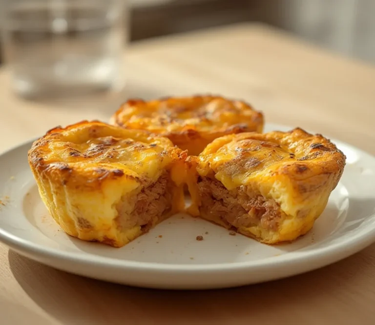 Home 8 Sausage Egg Muffins: Close up of golden sausage egg muffins in a tin with melted cheese and fluffy texture.