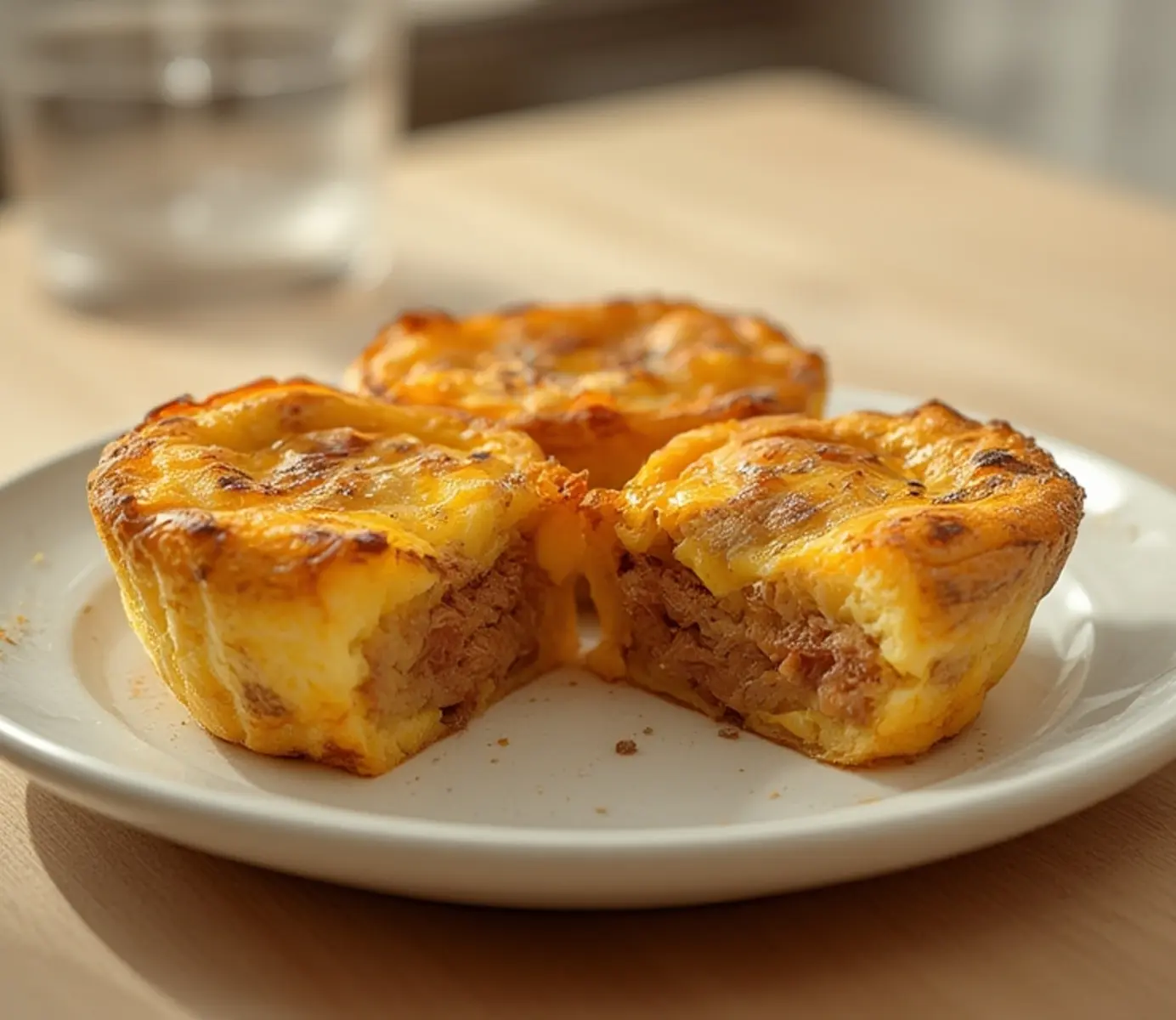 Ultimate Sausage Egg Muffins for Keto Breakfast Recipes 4 Sausage Egg Muffins: Close up of golden sausage egg muffins in a tin with melted cheese and fluffy texture.