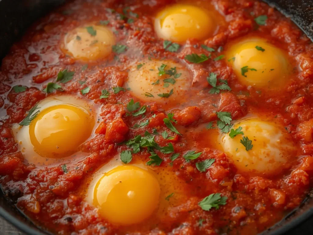 Shakshuka with Roasted Tomatoes: Sizzling Shakshuka with roasted tomatoes and perfectly poached eggs in a cast iron skillet, topped with fresh green parsley.