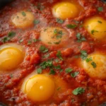 Shakshuka with Roasted Tomatoes: Sizzling Shakshuka with roasted tomatoes and perfectly poached eggs in a cast iron skillet, topped with fresh green parsley.
