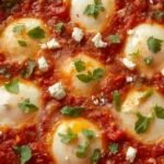 Shakshuka with Roasted Tomatoes: Skillet of shakshuka with roasted tomatoes, poached eggs, and feta cheese