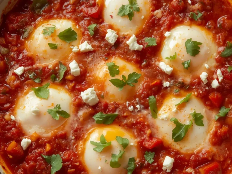 Shakshuka with Roasted Tomatoes: Skillet of shakshuka with roasted tomatoes, poached eggs, and feta cheese