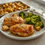 Sheet Pan Italian Chicken: Golden roasted Italian chicken thighs with crispy skin and tender vegetables on a sheet pan.