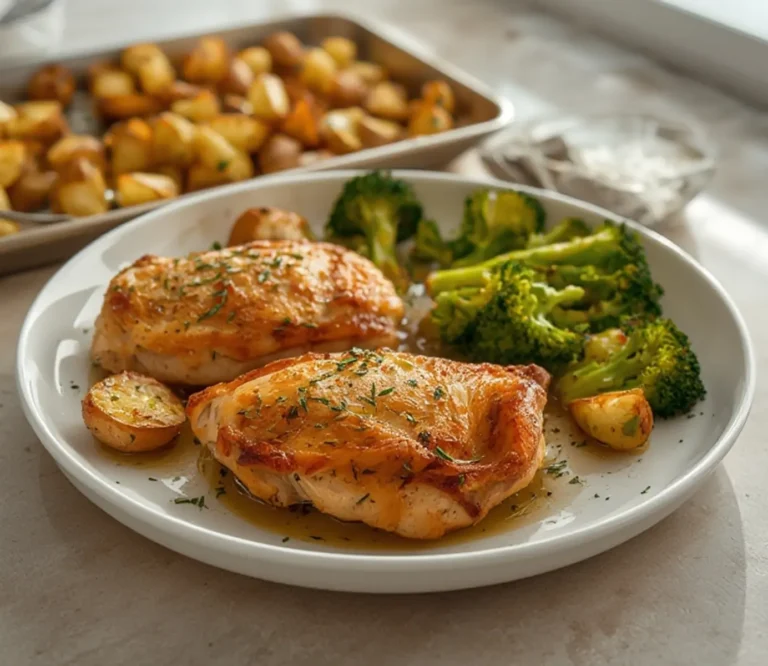 Home 12 Sheet Pan Italian Chicken: Golden roasted Italian chicken thighs with crispy skin and tender vegetables on a sheet pan.