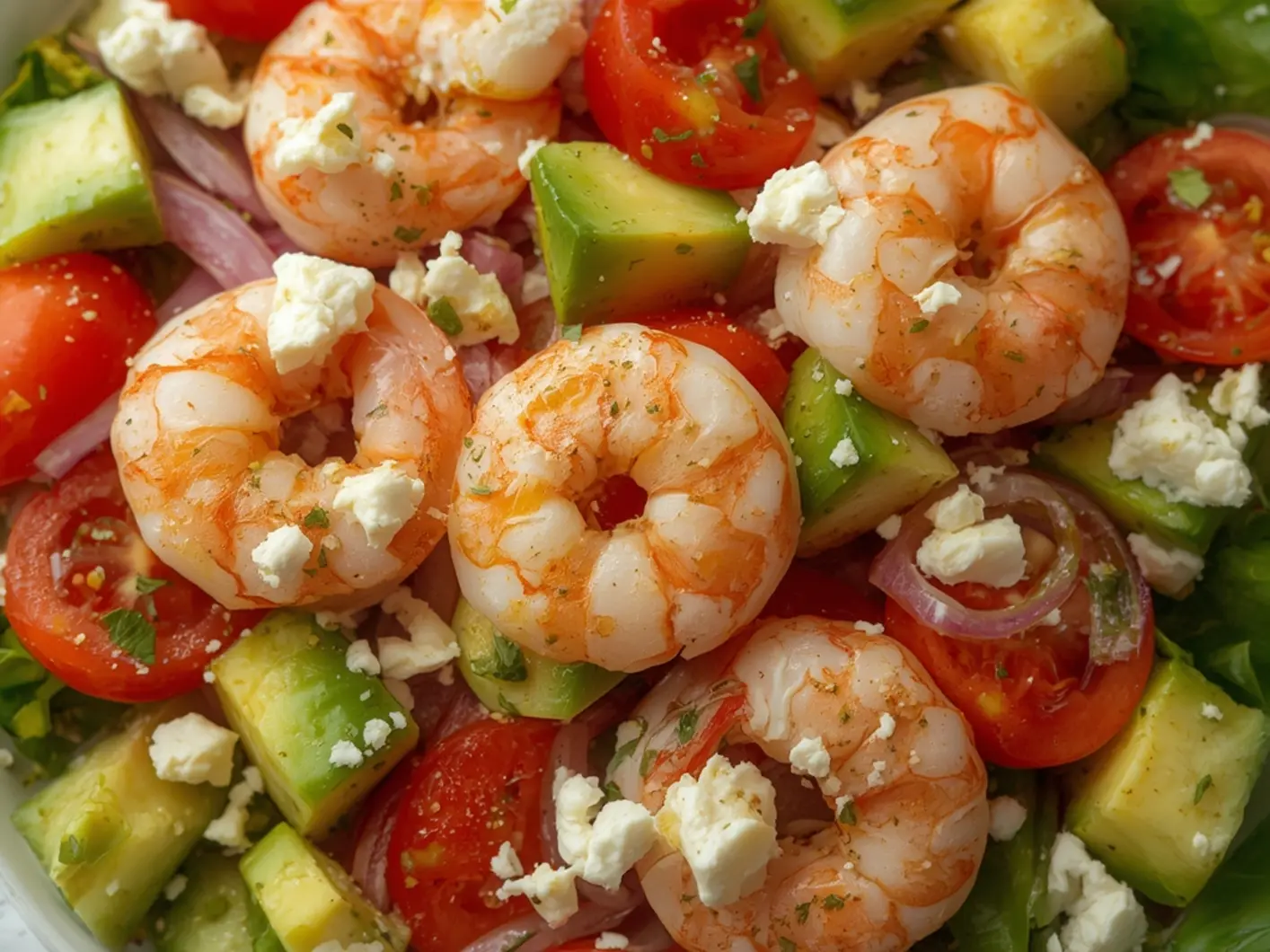 Ultimate Shrimp Avocado Feta Salad Recipe 6 Shrimp Avocado Feta Salad: Fresh Shrimp Avocado Feta Salad in a white bowl showing pink shrimp, green avocado, red tomatoes, and white feta cheese.