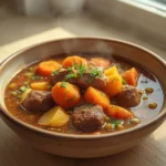Slow Cooker Beef Stew: Steaming slow cooker beef stew with tender beef, carrots, potatoes, and peas in rich gravy.