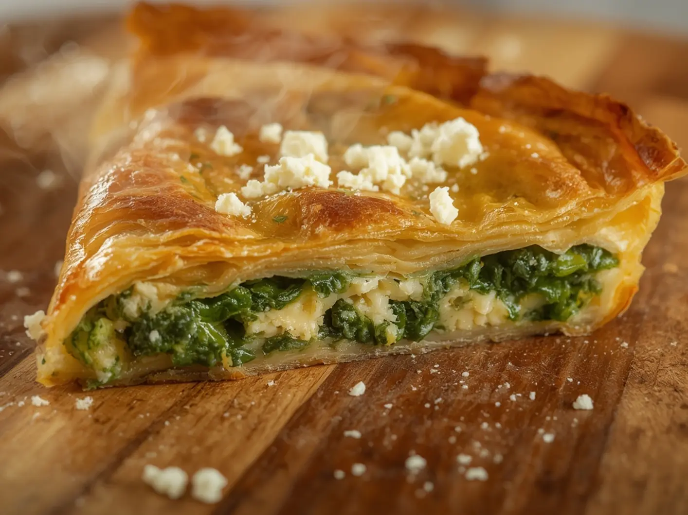 Golden Spanakopita Greek Spinach Feta Pie 6 Spanakopita Greek Spinach Feta Pie: Golden flaky phyllo layers of spanakopita Greek spinach feta pie showing green filling and white cheese crumbles