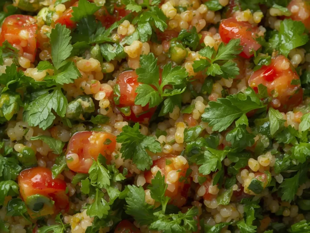Tabbouleh Salad Fresh Herb Bulgur: Fresh Tabbouleh Salad with bulgur, parsley, mint, and tomatoes in a bowl.