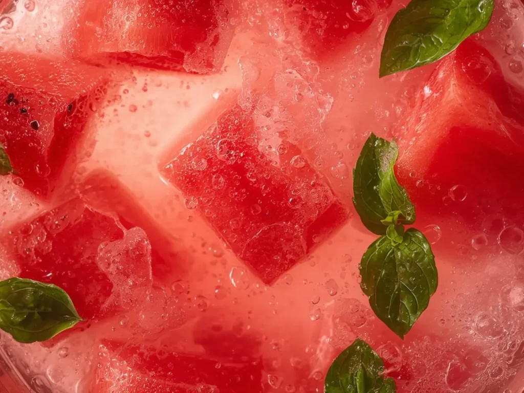 Watermelon Basil Infused Water: Pitcher of pink watermelon basil infused water with ice and fresh fruit slices.