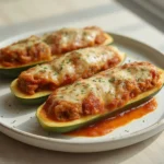 Zucchini Lasagna Boats: Baked zucchini lasagna boats with melted mozzarella and red marinara filling on a baking sheet