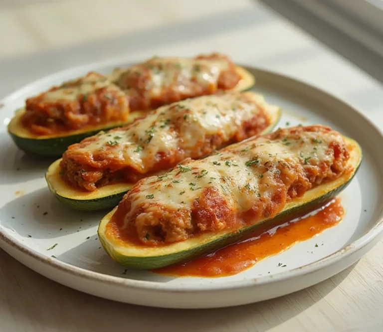 Zucchini Lasagna Boats: Baked zucchini lasagna boats with melted mozzarella and red marinara filling on a baking sheet