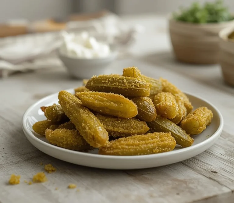 Air Fryer Pickles: Golden crispy air fryer pickles with a crunchy almond flour coating on a plate.