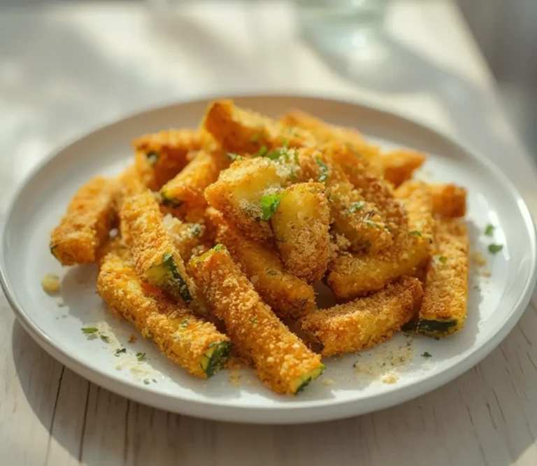Home 7 Air Fryer Zucchini Fries: Crispy golden air fryer zucchini fries with crunchy panko coating and visible parmesan flakes