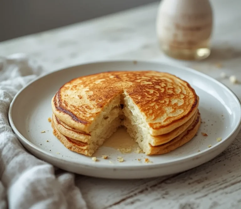 Almond Flour Pancakes: Fluffy golden almond flour pancakes stacked high on a plate with berries, perfect for keto breakfast recipes.