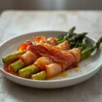 Bacon Wrapped Asparagus: Crispy bacon wrapped asparagus spears with golden edges on a white plate, perfect Keto Snacks & Appetizers