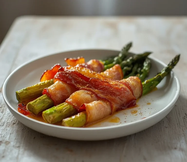 Bacon Wrapped Asparagus: Crispy bacon wrapped asparagus spears with golden edges on a white plate, perfect Keto Snacks & Appetizers