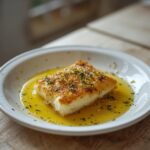 Baked Cod Mediterranean: Baked cod fillets with a golden lemon-herb glaze, ready to serve for a Mediterranean diet dinner.